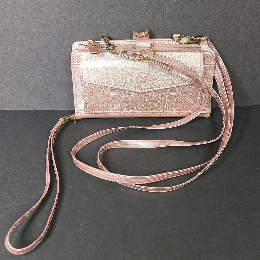 Metallic Rose Gold Embossed Crossbody Wallet Wristlet Purse 7x4" Mandala Pattern